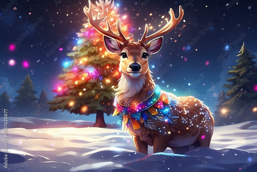 Enchanting anime art: A cute deer with starry feathers perched on a Christmas tree amidst a magical winter wonderland. Enchanting anime art: A cute deer with starry feathers perched on a Christmas tree amidst a magical winter wonderland.