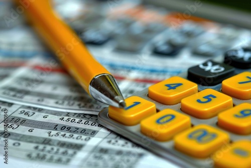 Yellow Calculator Buttons and a Pen Resting on a Spreadsheet