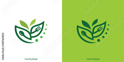 Creative Healthy Salad Logo. Spoon Fork Leaf, Eco Vegetarian Fresh Food Green Salad Healthy Food Logo Design Template.
