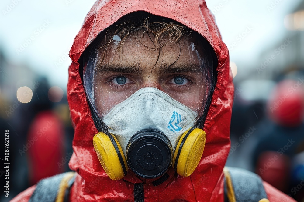 Young Man Wearing a Gas Mask and Red Raincoat Young Man Wearing a Gas Mask and Red Raincoat