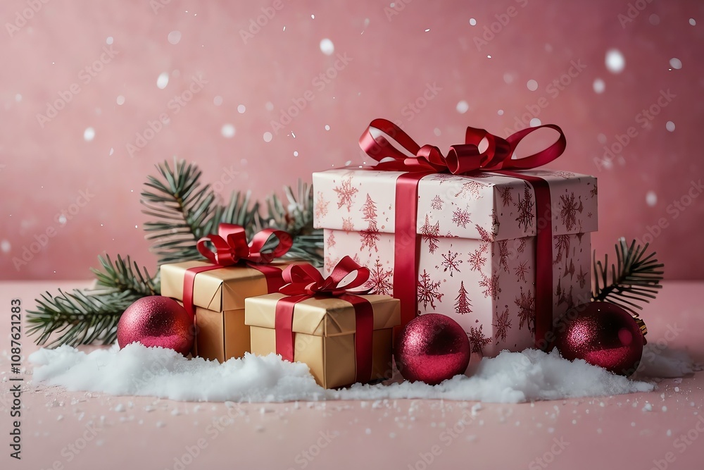 Pristine pink backdrop, snow-kissed fir tree, and festive gift boxes for a Christmas wonderland. Pristine pink backdrop, snow-kissed fir tree, and festive gift boxes for a Christmas wonderland.