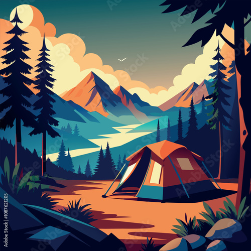 Realistic Nature Illustration with Tent in Mountains