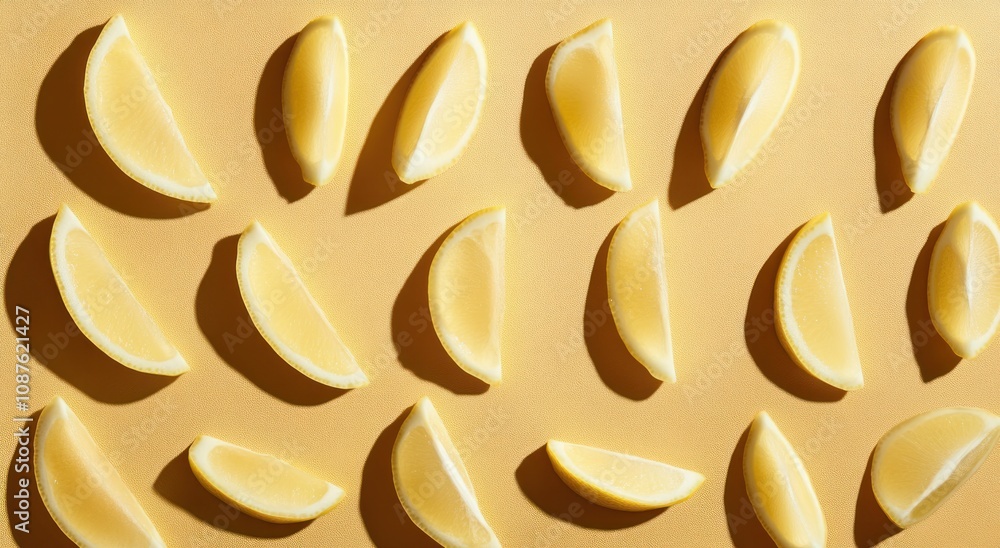 A vibrant arrangement of lemon wedges on a yellow background. A vibrant arrangement of lemon wedges on a yellow background.