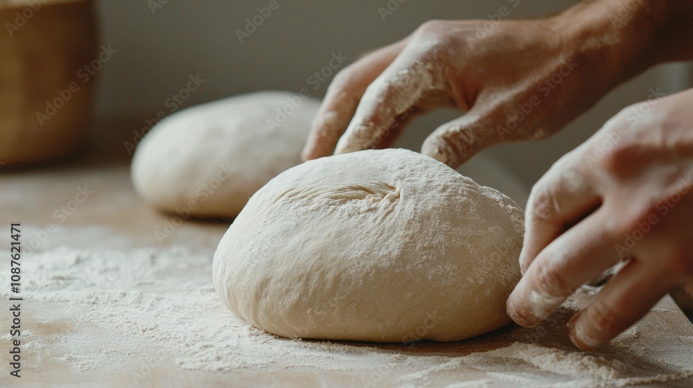 Preparing dough for baking bread on a wooden surface Preparing dough for baking bread on a wooden surface
