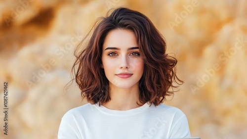 working in cafe on relaxation and creative concept. A young woman with curly hair poses against a natural background, exuding confidence and a serene vibe.