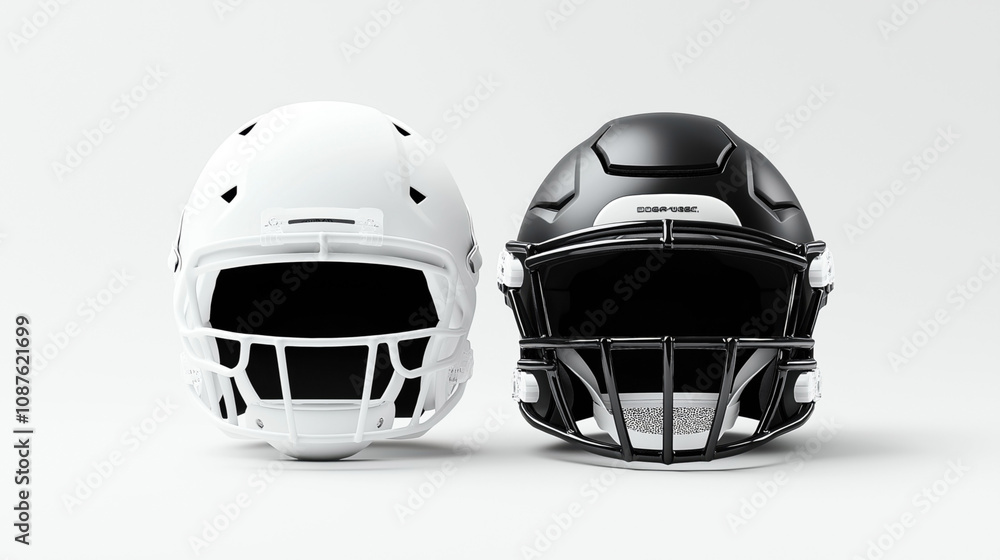 Fototapeta premium Front view of two football helmets in white and black colors displayed against a plain background. The helmets feature protective faceguards and showcase modern sports equipment design.