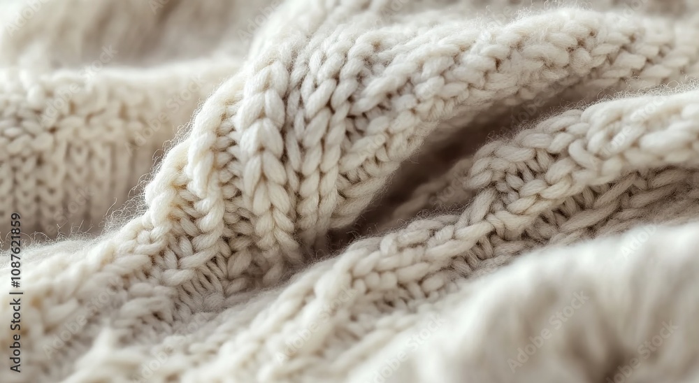 A close-up shot of the texture and pattern on an ivory knitted sweate A close-up shot of the texture and pattern on an ivory knitted sweate