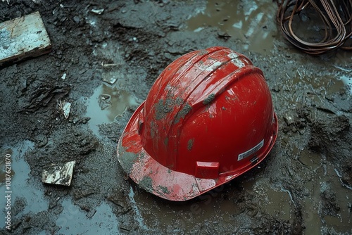 A red safety helmet or hardhat, construction worker PPE, is placed at a construction work site. photo