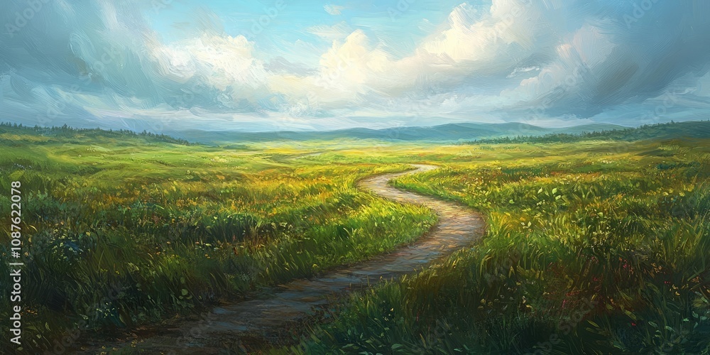 An empty path meanders through lush fields, creating a serene atmosphere. This empty path invites exploration and reflection amidst the vibrant, open landscapes surrounding it. An empty path meanders through lush fields, creating a serene atmosphere. This empty path invites exploration and reflection amidst the vibrant, open landscapes surrounding it.