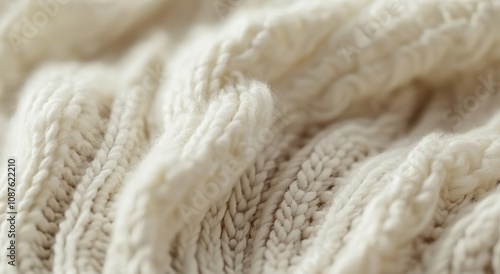 A close-up shot of the texture and pattern on an ivory knitted sweate