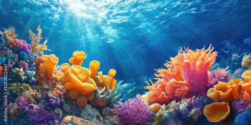 Naklejka premium Vibrant ocean floor showcasing an array of sea sponges amidst a thriving coral reef, highlighting the beauty of sea sponges within their natural habitat in the underwater world.