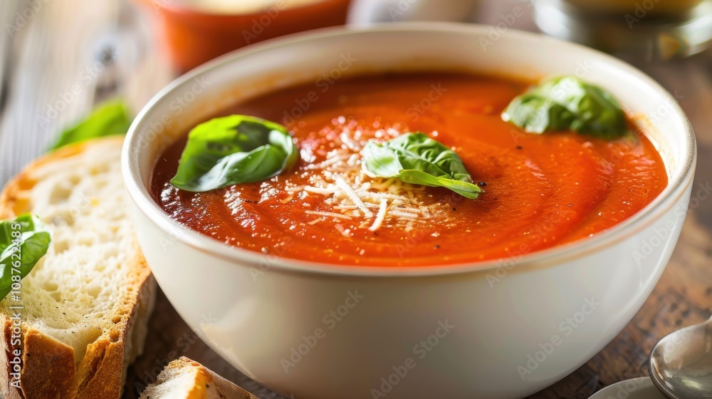 A comforting bowl of creamy tomato basil soup with roasted tomatoes, garlic A comforting bowl of creamy tomato basil soup with roasted tomatoes, garlic