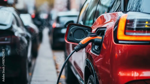 Wallpaper Mural An orange electric car is charging on a city street with a woman walking in the background. Torontodigital.ca