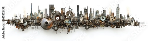 A panoramic view of a steampunk-inspired industrial landscape with gears and machinery.