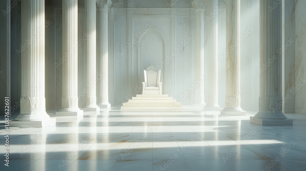 A White Throne in a Marble Hallway with Pillars A White Throne in a Marble Hallway with Pillars