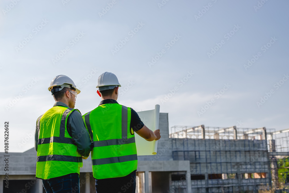Two construction engineers inspect the progress of a building construction plan at a construction site. Two construction engineers inspect the progress of a building construction plan at a construction site.