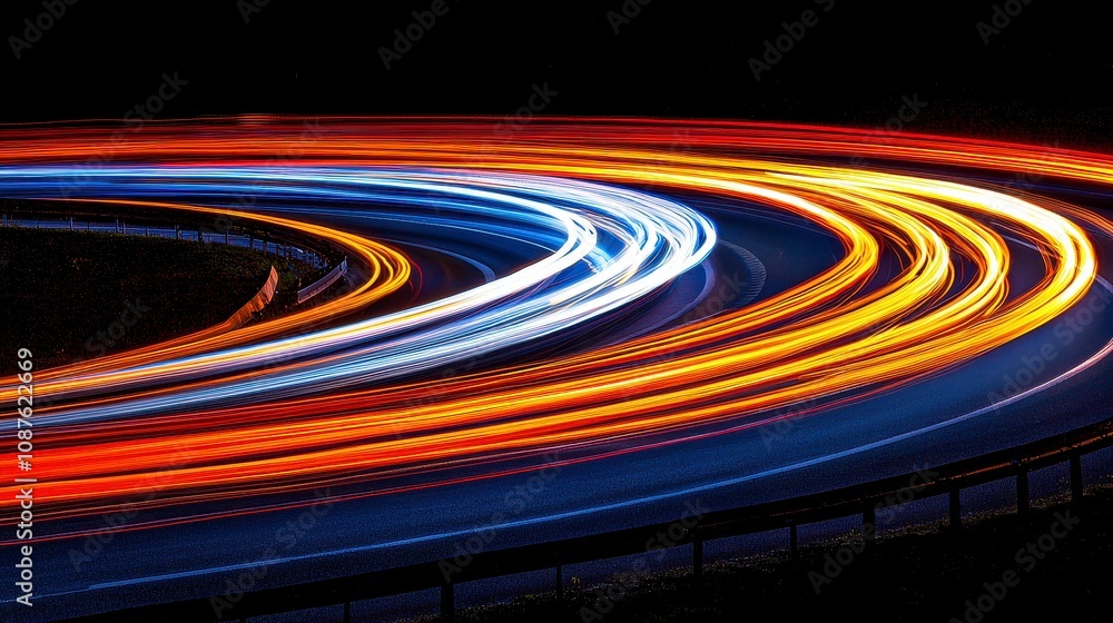 Vibrant light trails on a winding road at night Vibrant light trails on a winding road at night