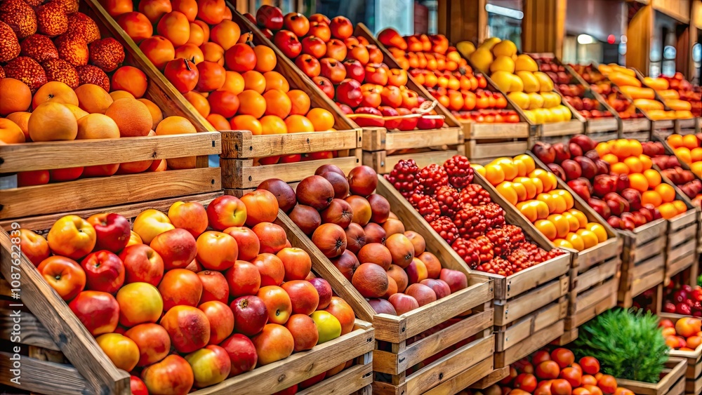 Vibrant Orange and Red Fruits Stacked in Crates at Grocery Store Vibrant Orange and Red Fruits Stacked in Crates at Grocery Store