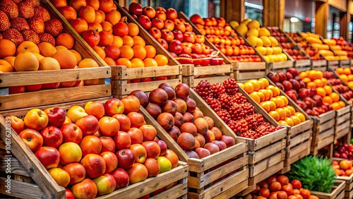 Vibrant Orange and Red Fruits Stacked in Crates at Grocery Store