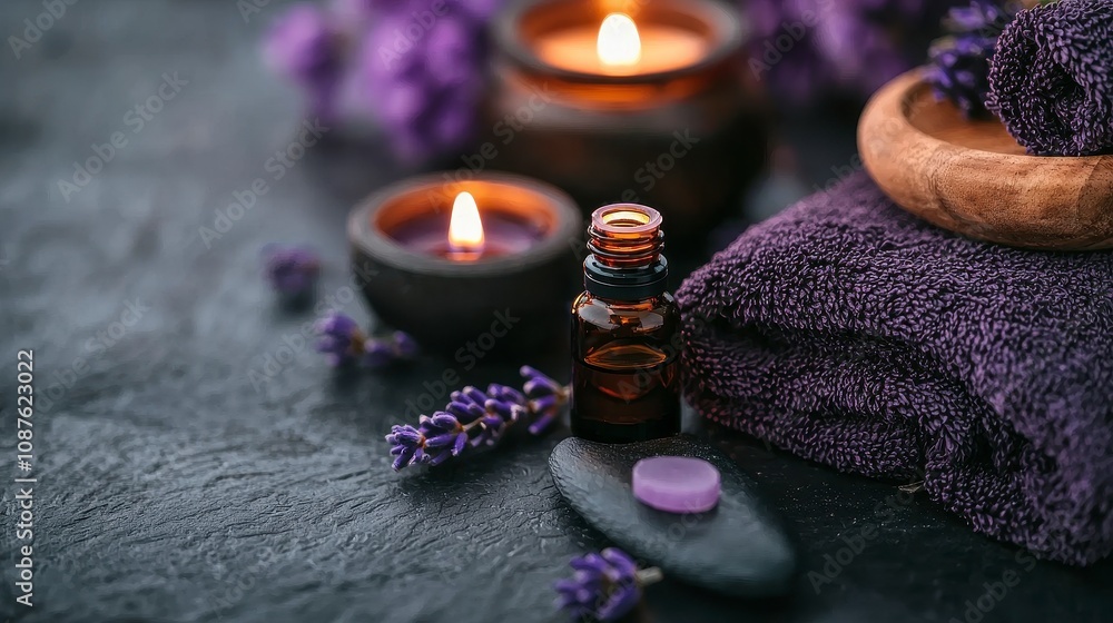 Tranquil spa setting with essential oils and candles for relaxation Tranquil spa setting with essential oils and candles for relaxation