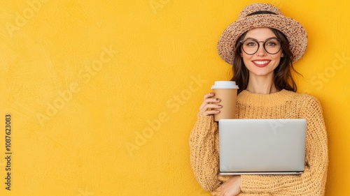 working in cafe on relaxation and creative concept. A smiling woman in a cozy sweater and hat holds a laptop and coffee cup against a vibrant yellow background.