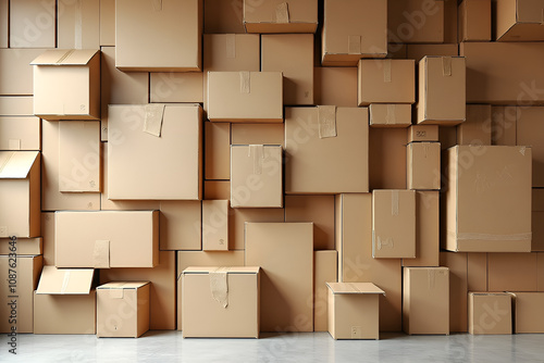 A collage of stacked cardboard boxes in varying sizes creating an abstract wall display in a shipping or storage area