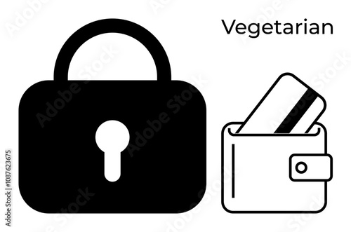 Padlock, wallet with card, text Vegetarian. Ideal for security, finance, online transactions, privacy, credit management consumer rights veganism. Line metaphor