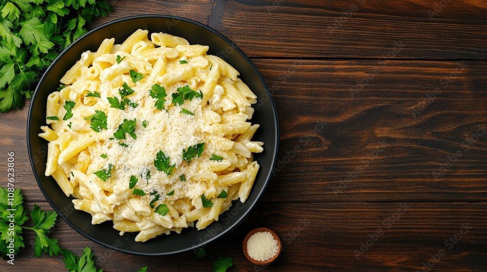 Delicious creamy pasta with herbs in a black bowl on a wooden surface. Delicious creamy pasta with herbs in a black bowl on a wooden surface.