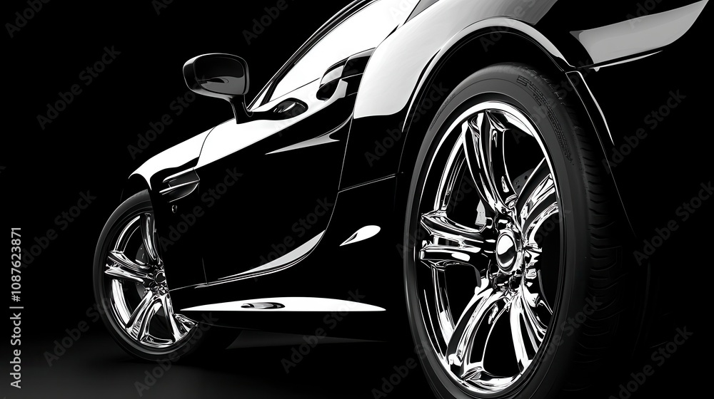 Sleek black sports car with shiny chrome wheels on a dark background Sleek black sports car with shiny chrome wheels on a dark background