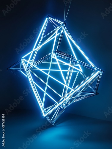 Illuminated Geometric Structure: Glowing Lines and Angles - Abstract geometric art, glowing lines, modern design, 3D structure, vibrant blue light. Symbolizes innovation, technology, energy, connectio photo