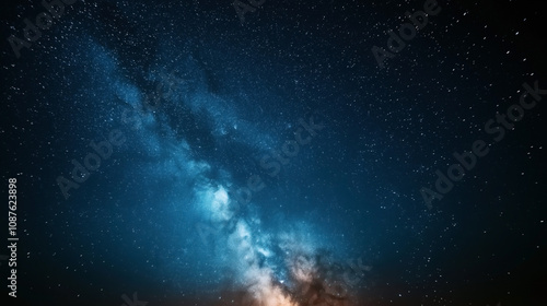 Night sky with Milky Way galaxy and numerous stars visible against a deep blue background, showcasing a celestial cosmic view with bright and dark regions.
