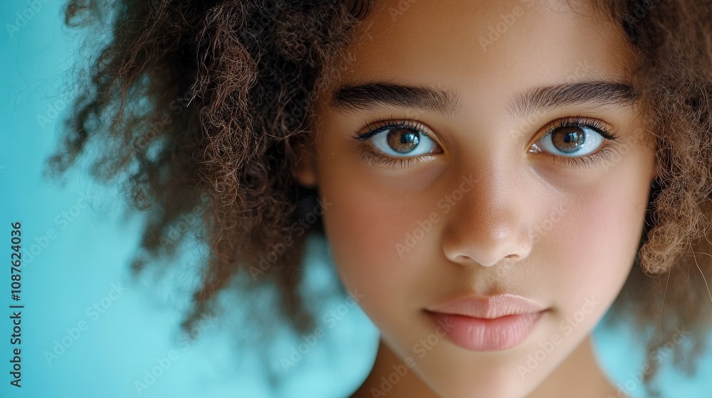 Portrait of a young girl with curly hair and expressive eyes against a blue background. Portrait of a young girl with curly hair and expressive eyes against a blue background.