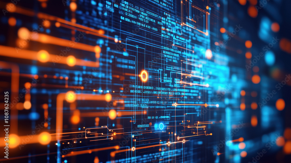 Image Of Digital Information In A Neon Blue And Orange Space. Glowing Digital Network Connections. Interconnected Nodes And Lines. The Abstract, Futuristic Design Conveys Of Technological Advancement