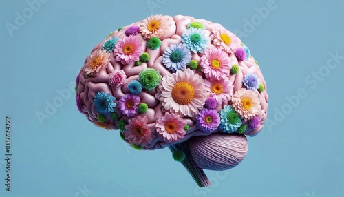 Isolated human brain with flowers, self care and mental health concept, positive thinking, creative mind. Health concept