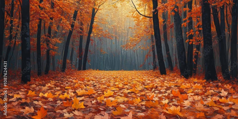 Fototapeta premium Autumn forest scene featuring a carpet of fallen leaves, showcasing the vibrant colors and serene beauty of autumn foliage in a tranquil forest setting with abundant fallen leaves.