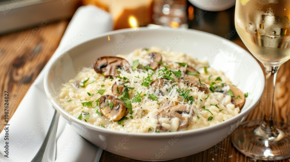 A creamy risotto with mushrooms and Parmesan cheese, served in a white bowl A creamy risotto with mushrooms and Parmesan cheese, served in a white bowl