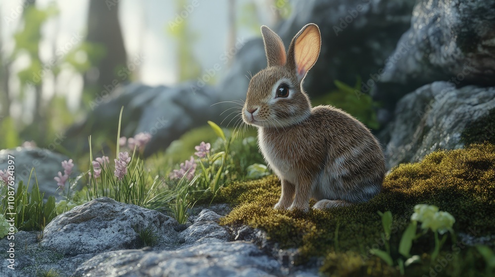 Fototapeta premium Young European rabbit sitting on a rocky hill, surrounded by moss and wild grasses, blending into the natural environment.