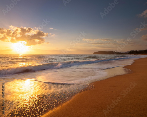 Wallpaper Mural Peaceful beach at sunset, featuring gentle waves and warm golden light on the soft sand, ai. Torontodigital.ca