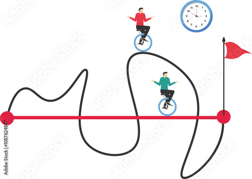 Business people with Bicycle pass on straight easy way and other on hard messy path.Easy or shortcut way to success or hard path and obstacle. Flay vector illustration

