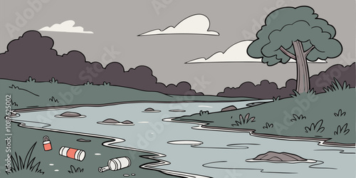 Illustration of Water Pollution with Plastic Bags in a River – Highlighting Earth Pollution and Environmental Awareness Concept in a Minimalistic and Informative Art Style