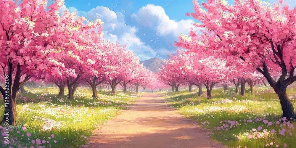 Blossoming cherry flowers in a vibrant orchard during spring time create a picturesque scene. The blossoming cherry trees add beauty to the landscape, making springtime truly enchanting. Blossoming cherry flowers in a vibrant orchard during spring time create a picturesque scene. The blossoming cherry trees add beauty to the landscape, making springtime truly enchanting.