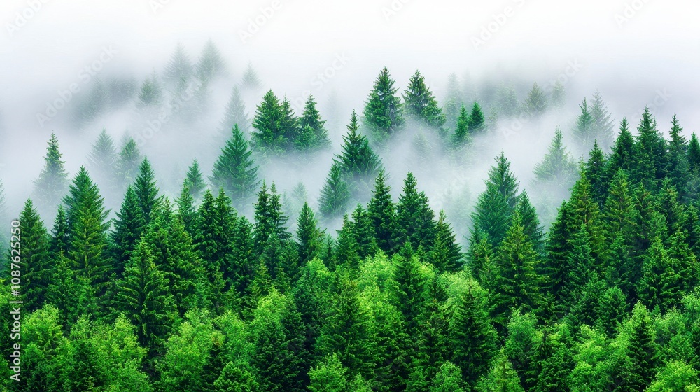 Fototapeta premium Misty forest landscape with tall pines and lush greenery