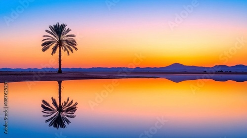 Serene sunset with palm tree and reflection in calm water