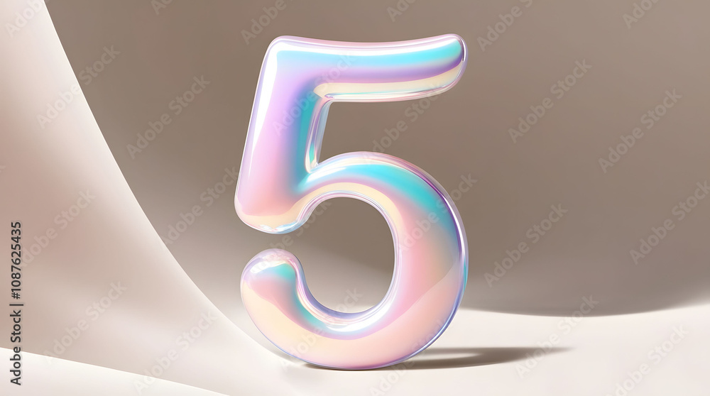Glossy Iridescent Number 5 with Soft Pastel Rainbow Reflections on a Smooth Beige Background Glossy Iridescent Number 5 with Soft Pastel Rainbow Reflections on a Smooth Beige Background