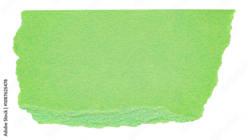 Obraz premium Isolated cut out torn piece of blank green paper note cardboard with texture and copy space for text, transparent png background design element