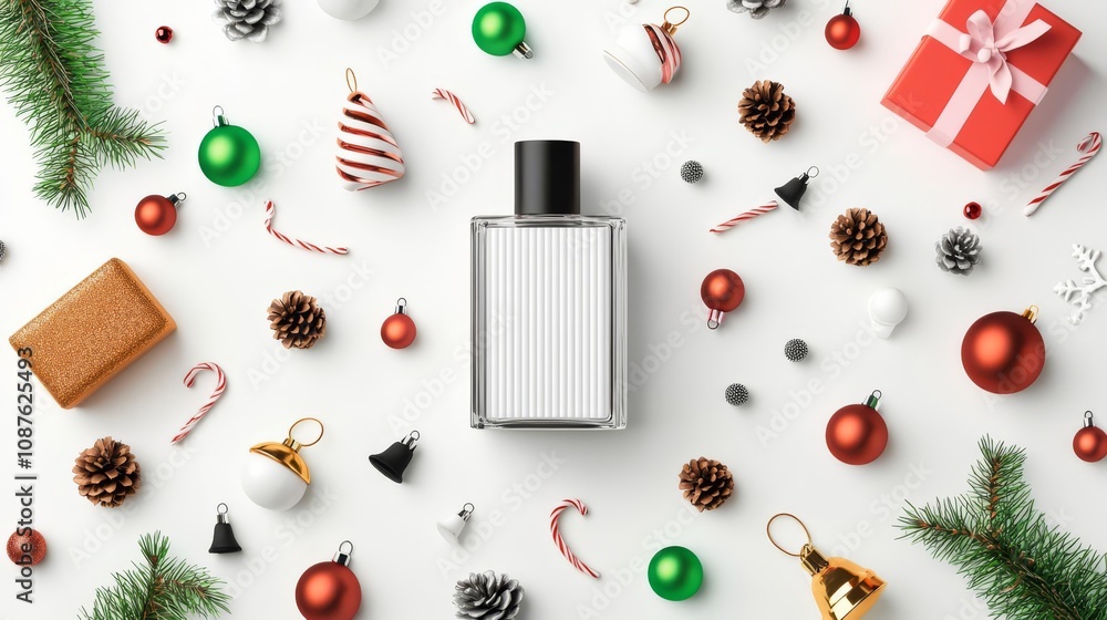 Christmas-themed flat lay with perfume bottle. Christmas-themed flat lay with perfume bottle.