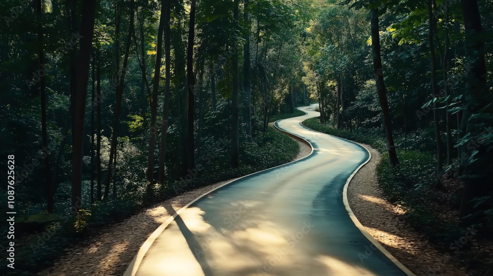 Curving road through dense forest with tall trees and sunlight filtering through the leaves, creating a serene natural environment. Curving road through dense forest with tall trees and sunlight filtering through the leaves, creating a serene natural environment.