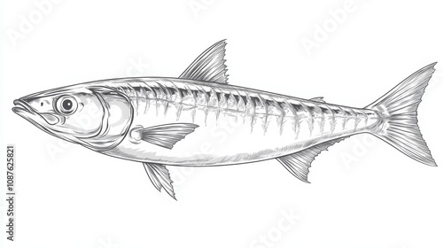 Mackerel Fish Sketch: Simple Line Illustration - Simple line drawing of a mackerel fish, perfect for seafood menus, educational materials, or any project needing a clean, minimalist illustration. Repr