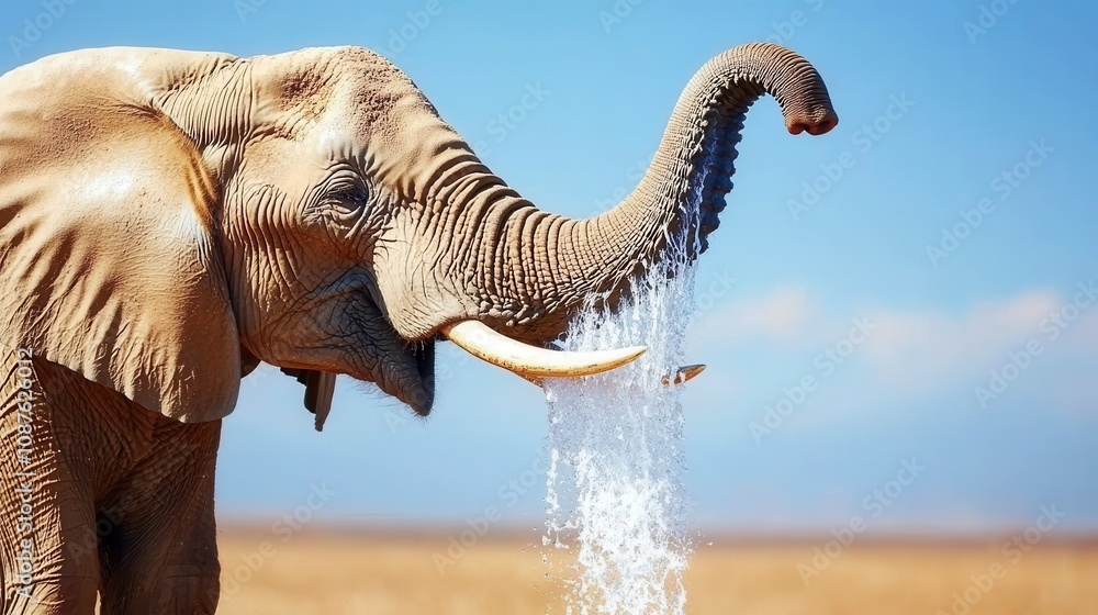 Fototapeta premium Elephant spraying water from trunk under clear blue sky