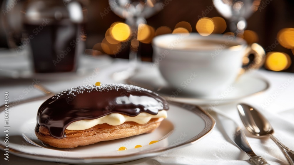 A decadent chocolate éclair filled with rich vanilla cream and topped with a glossy chocolate glaze, served on a white plate A decadent chocolate éclair filled with rich vanilla cream and topped with a glossy chocolate glaze, served on a white plate